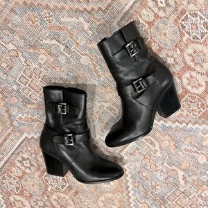 Like-New with Box Michael Kors black boots with buckle hardware, sz 7.5 / 38.